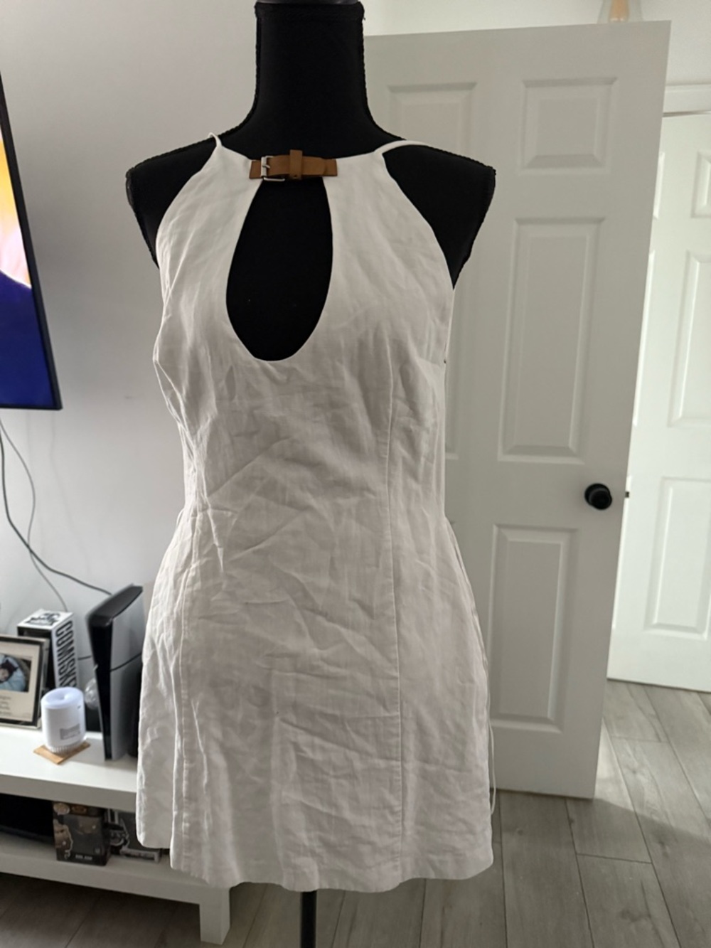 Zara White Halter Mini Dress with Tan Buckle